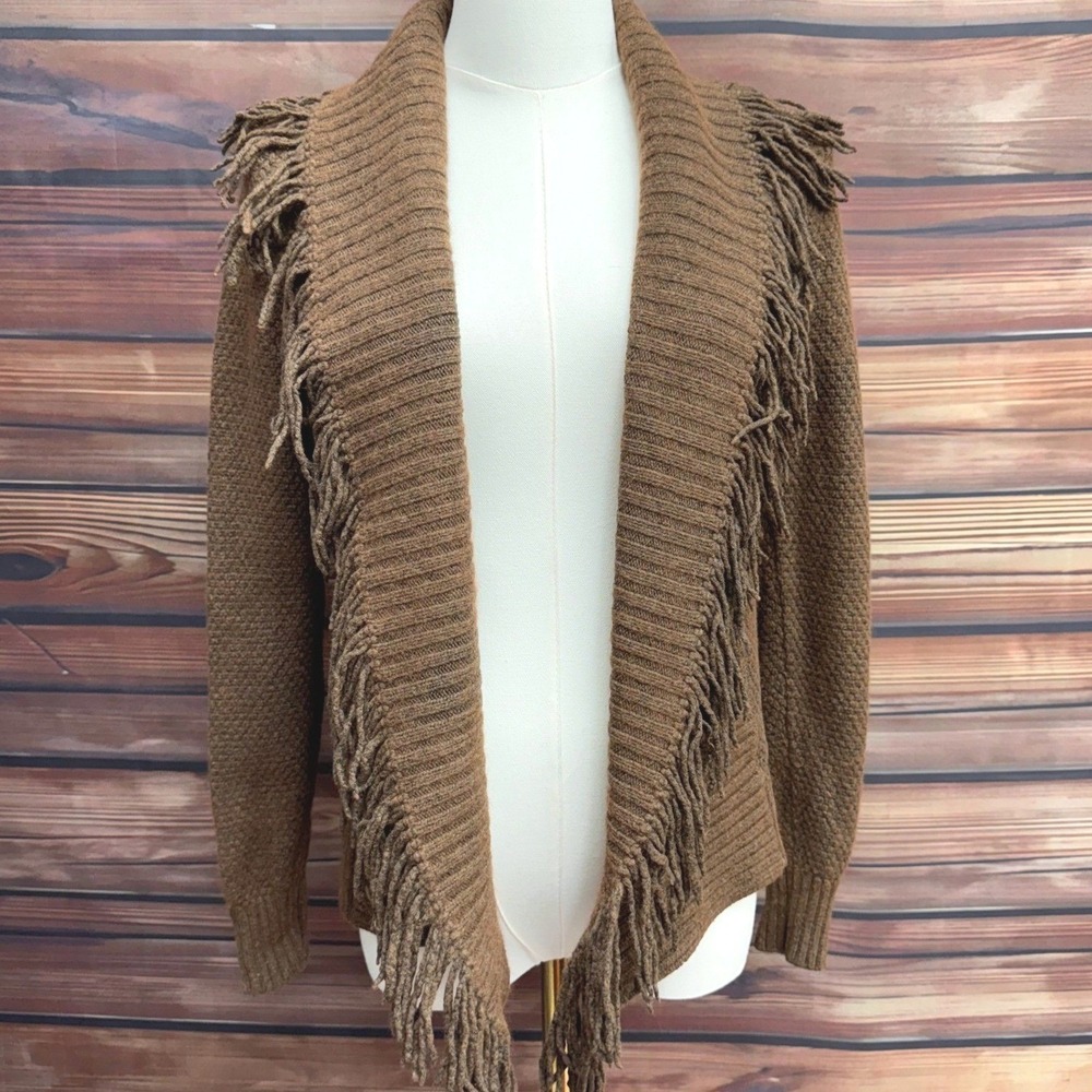 LRL Lauren Jeans Co Ralph Lauren XS Lambswool Cashmere Fringe Cardigan Brown